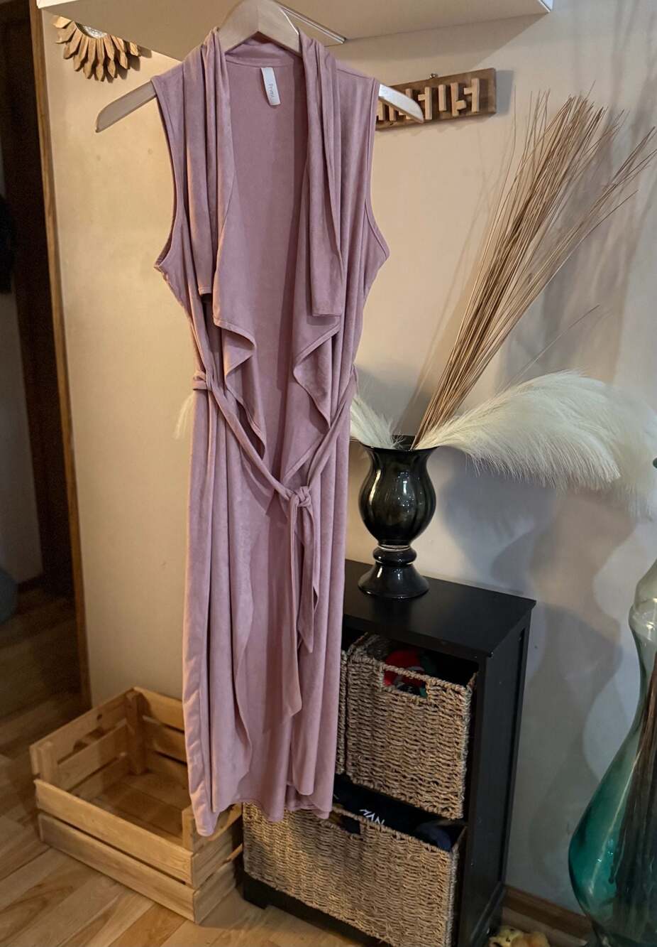 Primi Pink Suede Duster Vest Sleeveless Cardigan with Belt